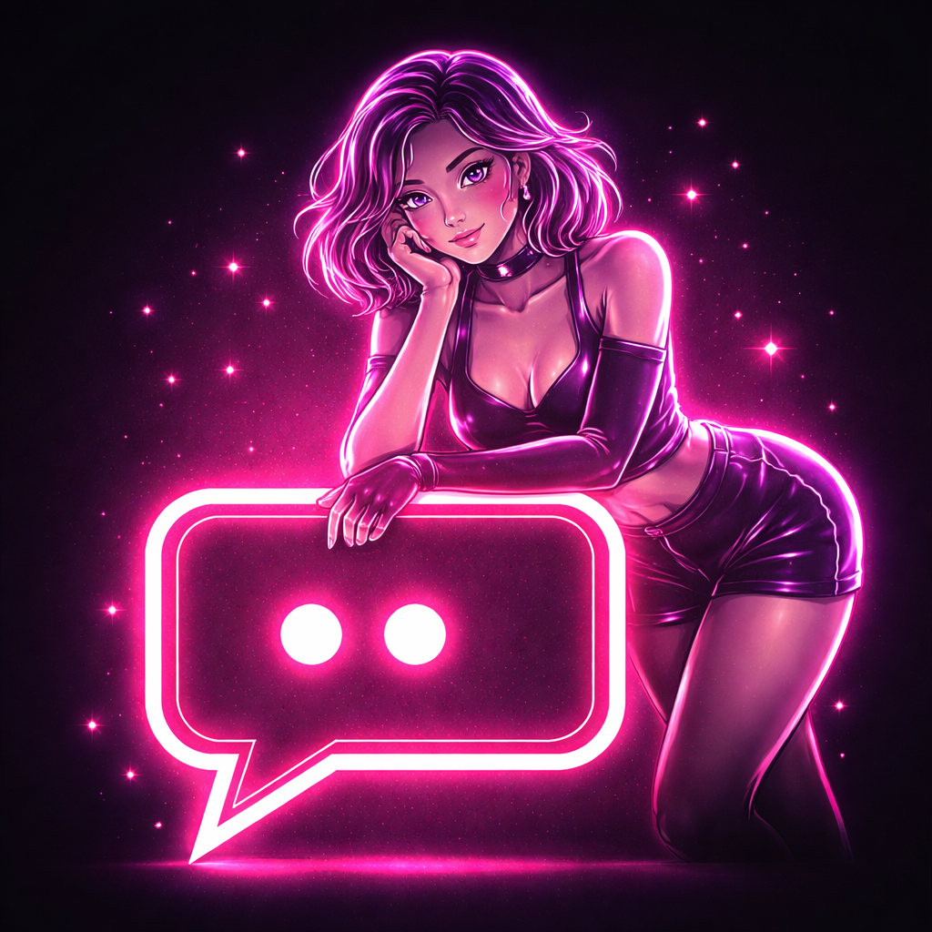 Scarlet — neon-pink AI companion leaning on a chat bubble